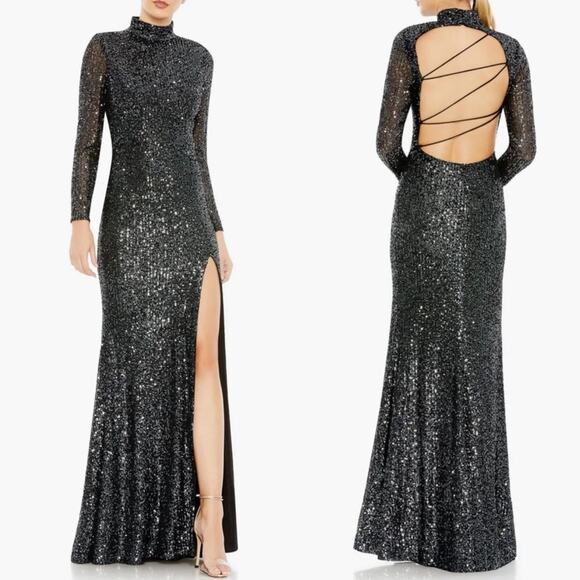 NWT Leena Mac Duggal Metallic Sequin High Neck Long Sleeve Gown. Graphite - Picture 1 of 11